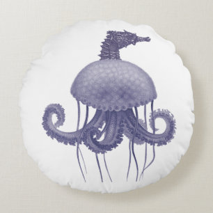 BLUE SEAHORSE JELLYFISH  ROUND CUSHION