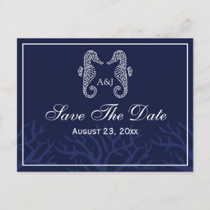 Blue Seahorse Monogram Save The Date Postcards