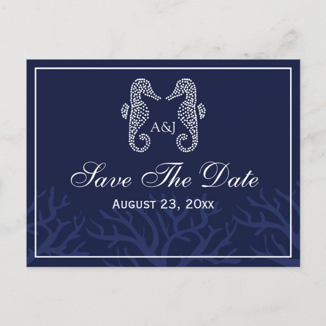 Blue Seahorse Monogram Save The Date Postcards (Front)