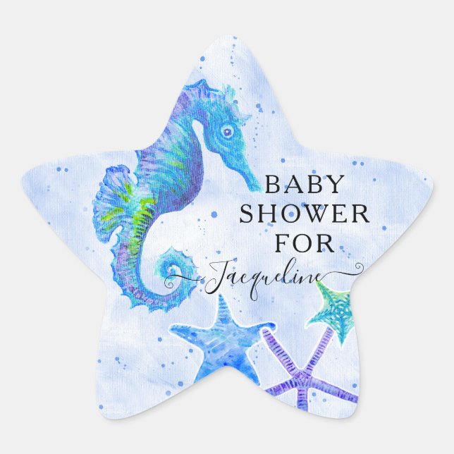 Blue Seahorse n Starfish Beach Seaside Baby Shower Star Sticker (Front)
