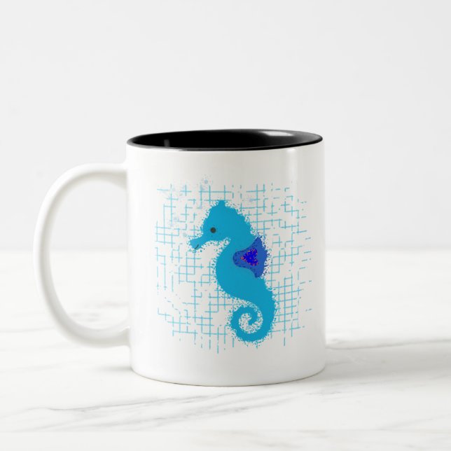 Blue Seahorse On Distressed Background Two-Tone Coffee Mug (Left)