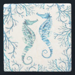 Blue Seahorse Tropical Fish Stone Coaster<br><div class="desc">Add a splash of coastal charm to your kitchen accessories or barware collection with this stone coaster, featuring a replica of Victoria Grigaliunas' original watercolor seahorses and coral in serene shades of blue and turquoise. Inspired by the beach, sea, and summer, it’s a stylish and functional piece for coastal homes...</div>