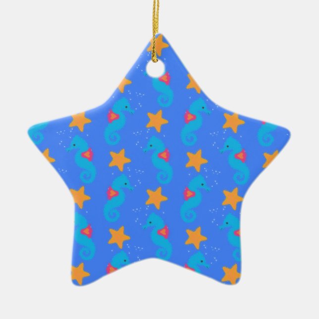 Blue Seahorses And Starfish Pattern Ceramic Tree Decoration (Front)
