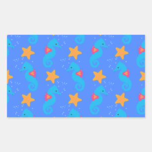 Blue Seahorses And Starfish Pattern Rectangular Sticker
