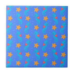 Blue Seahorses And Starfish Pattern Tile