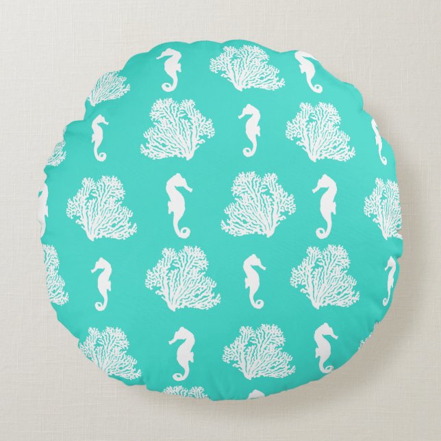 Blue Seahorses Coastal Beach Round Cushion (Front)