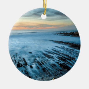Blue seascape at sunset, California Ceramic Tree Decoration