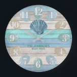 Blue Seashell and Beach Wood Nautical - Blue Teal  Large Clock<br><div class="desc">🥇AN ORIGINAL COPYRIGHT ART DESIGN by Donna Siegrist ONLY AVAILABLE ON ZAZZLE! Square Wall Clock. Add style to the home. Featuring a soft tan, blue and teal Beach Wood Stripes and nautical design with a starfish and sea glass. ✔Note: Not all template areas need changed. 📌If you need further customisation,...</div>
