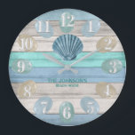 Blue Seashell and Beach Wood Nautical - Blue Teal  Large Clock<br><div class="desc">🥇AN ORIGINAL COPYRIGHT ART DESIGN by Donna Siegrist ONLY AVAILABLE ON ZAZZLE! Square Wall Clock. Add style to the home. Featuring a soft tan, blue and teal Beach Wood Stripes and nautical design with a starfish and sea glass. ✔Note: Not all template areas need changed. 📌If you need further customisation,...</div>