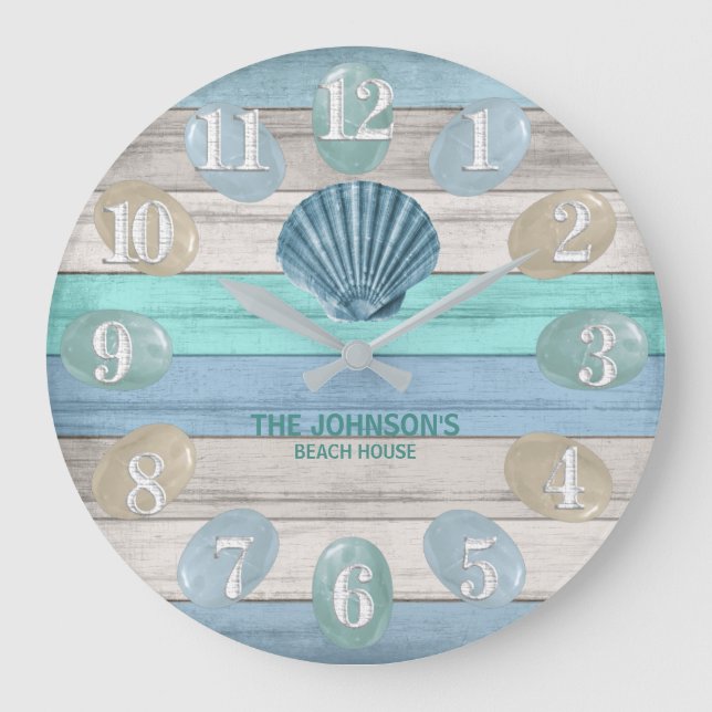 Blue Seashell and Beach Wood Nautical - Blue Teal  Large Clock (Front)