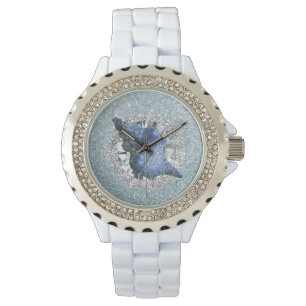 Blue Seashell Aquamarine Jewel Faux Glitter Watch