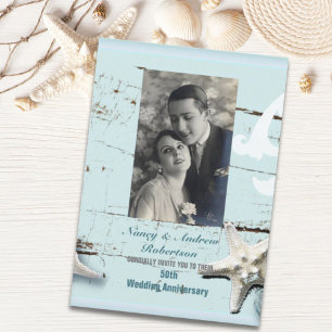 blue seashell beach 50th wedding anniversary invitation
