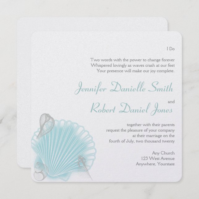 Blue Seashell Beach Wedding Invitation (Front/Back)