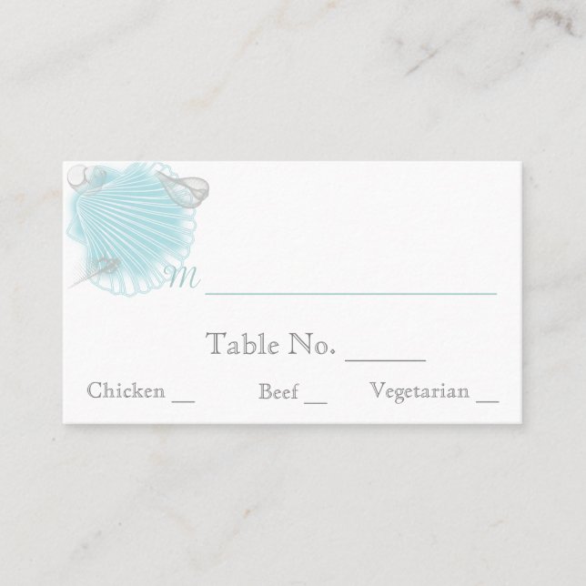 Blue Seashell Beach Wedding Place Cards (Front)