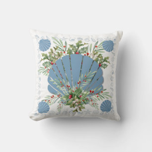 Blue Seashell Coastal Christmas Cushion