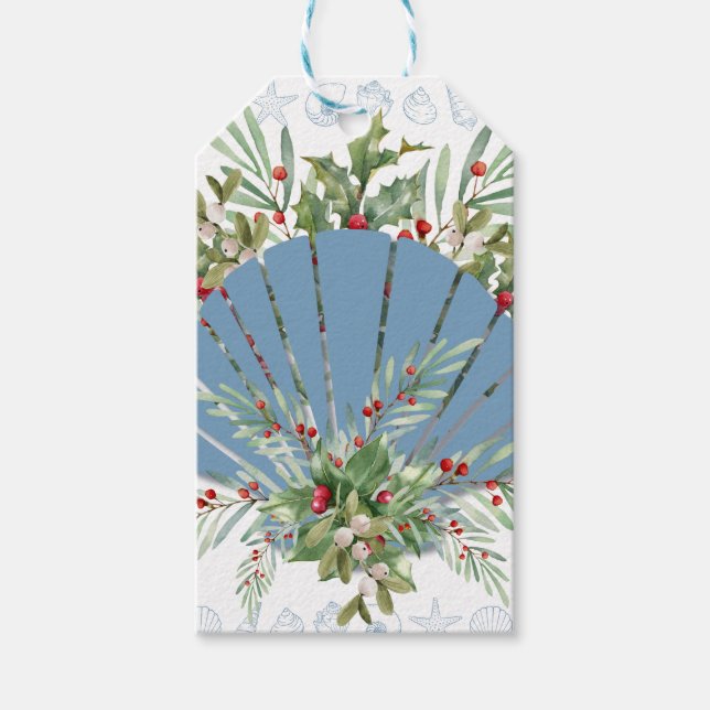 Blue Seashell Coastal Christmas Gift Tags (Front)
