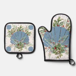 Blue Seashell Coastal Christmas Oven Mitt & Pot Holder Set