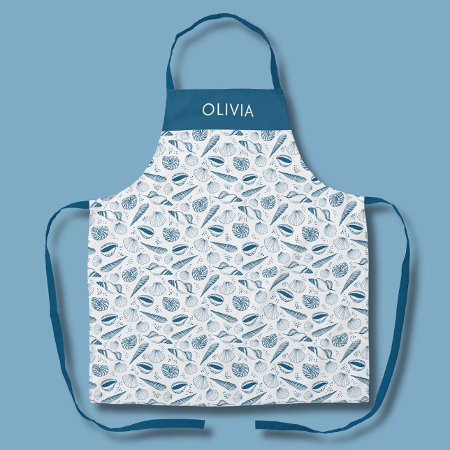 Blue seashell coastal pattern apron (Blue and white coastal seashell personalized kitchen apron)
