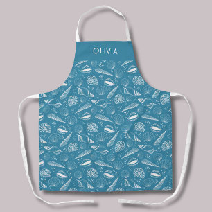 Blue seashell coastal pattern apron