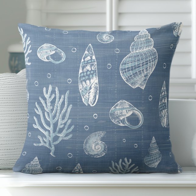 Blue Seashell & Coral Throw Pillow (Creator Uploaded)