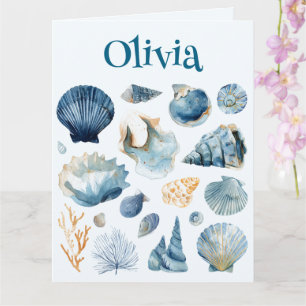Blue Seashell Folded Card   Custom Name