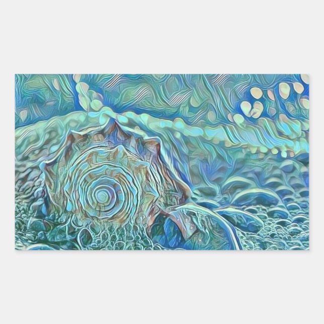 Blue seashell in the foaming sea painting  rectangular sticker (Front)