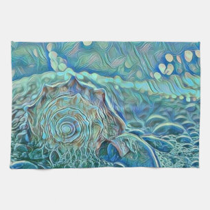 Blue seashell in the foaming sea painting  tea towel