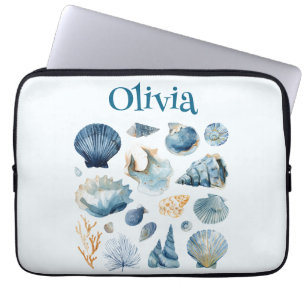 Blue Seashell Laptop Sleeve   Custom Name