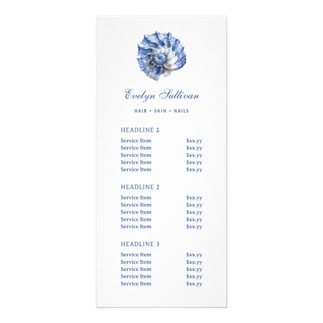 Blue seashell logo price list rack card (Front)