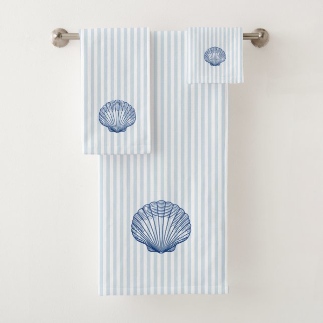 Blue Seashell Nautical Blue Stripe Painting Bath Towel Set (Insitu)
