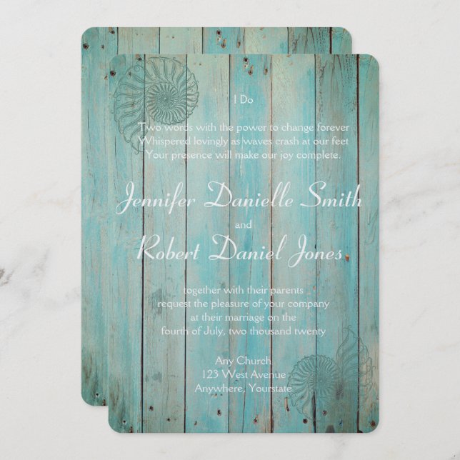 Blue Seashell on Wood Beach Wedding Invitation (Front/Back)