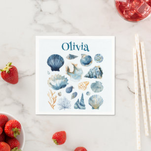 Blue Seashell Paper Napkins   Custom Name