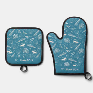 Blue Seashell pattern Oven Mitt & Pot Holder Set
