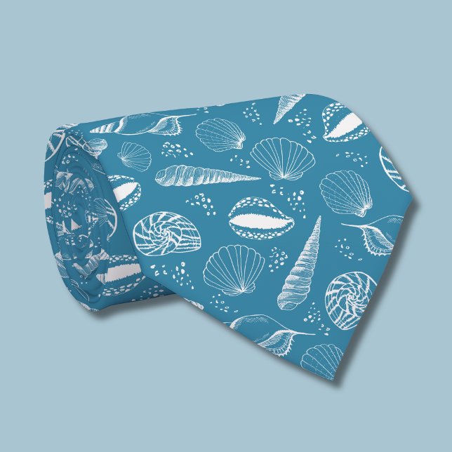 Blue seashell pattern tie (Teal Blue Coastal Seashell beach pattern tie rolled)