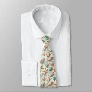 Blue Seashell Peach Coral Beach Cottage Tie