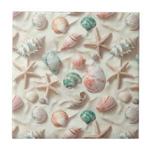 Blue Seashell Peach Coral Beach Cottage Tile