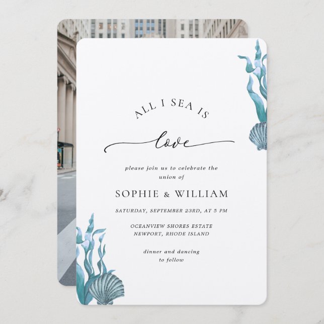 Blue Seashell Sea Ocean Nautical Coastal Wedding Invitation (Front/Back)