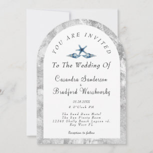 Blue Seashell Silver Grey Watercolor Beach Wedding Invitation