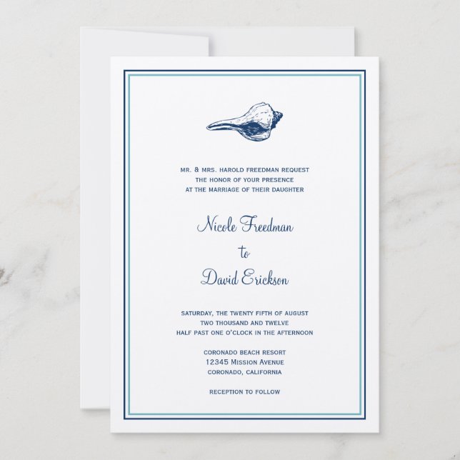 Blue seashell simple elegance wedding invitation (Front)