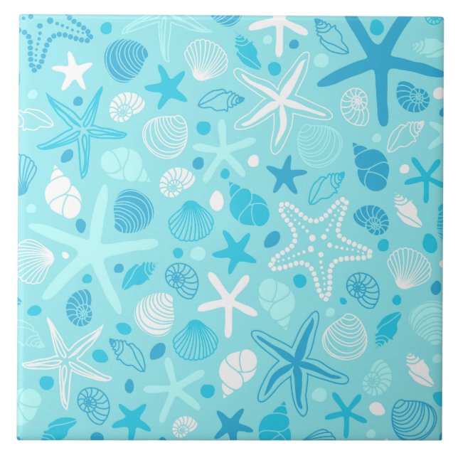 Blue Seashell & Star Bathroom Art Tile (Front)