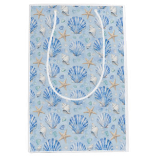 Blue Seashell Starfish Watercolor Ocean Pattern Gi Medium Gift Bag