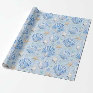 Blue Seashell Starfish Watercolor Ocean Pattern Gi Wrapping Paper