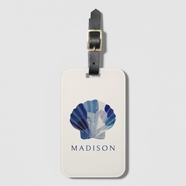 Blue Seashell Tropical Coastal Vacation Luggage Tag (Front Vertical)