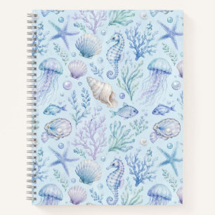 Blue Seashell Watercolor Coastal Pattern Notebook