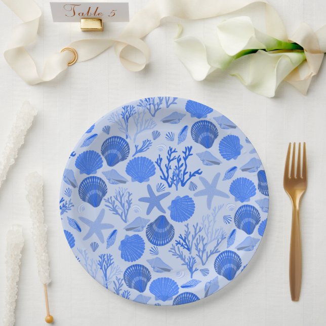 Blue Seashells and Coral Pattern Beach Paper Plate (Wedding)