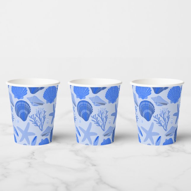 Blue Seashells and Coral Pattern Custom Beach Paper Cups (Multi)