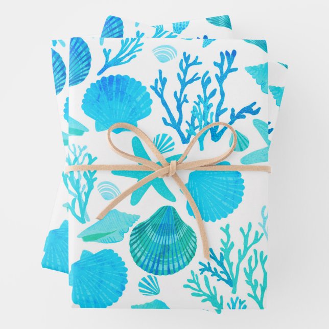 Blue Seashells and Coral Pattern Seaside Gift  Wrapping Paper Sheet (In situ)