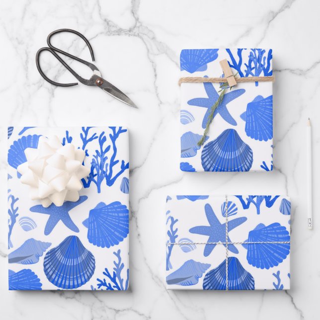 Blue Seashells and Coral Pattern Seaside Gift Wrapping Paper Sheet (Front)