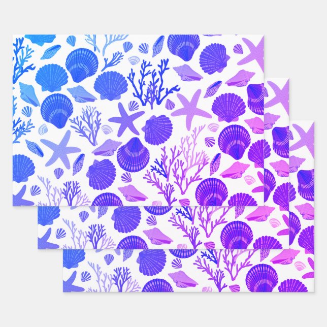 Blue Seashells and Coral Pattern Seaside Gift Wrapping Paper Sheet (Set)