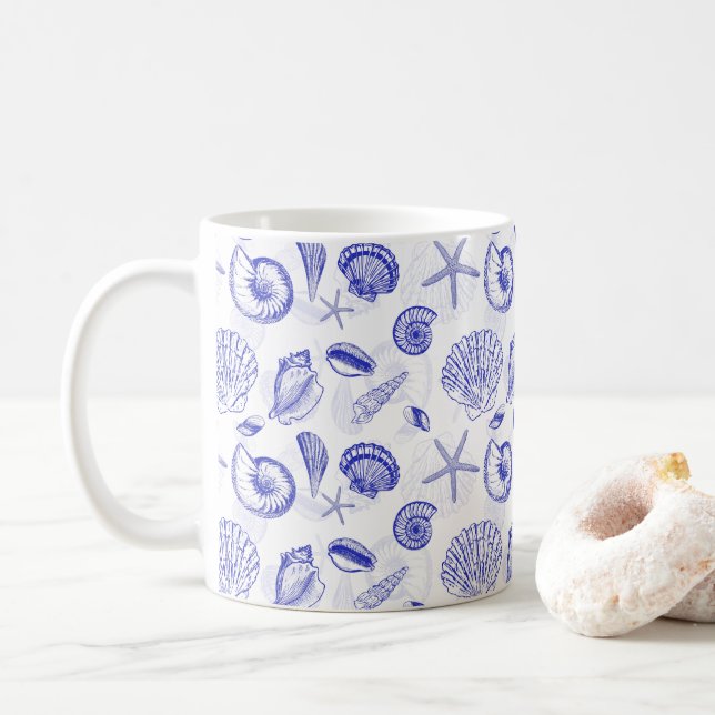 Blue Seashells Coffee Mug - Great for Beach Lovers (With Donut)